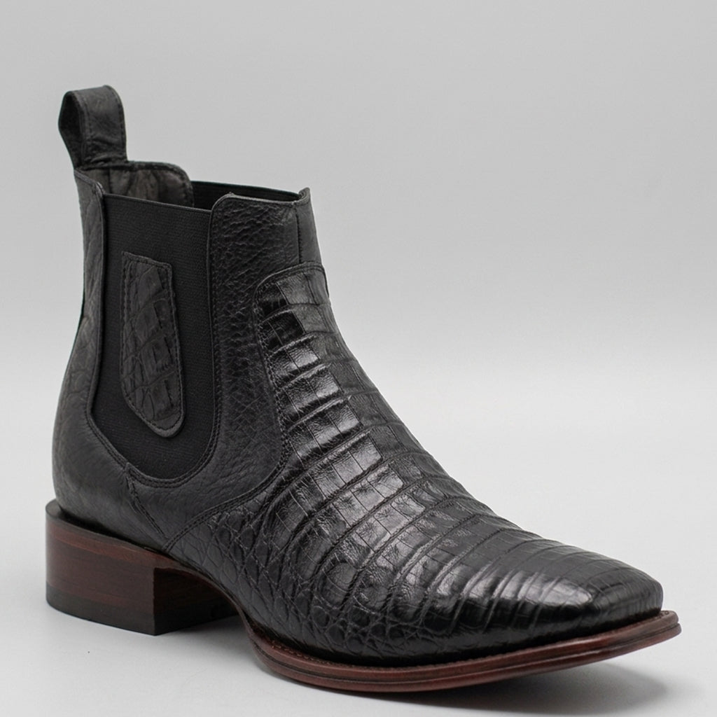 Los Altos men's black genuine caiman belly leather Chelsea ankle boot featuring, black elastic side goring, and a square toe.
