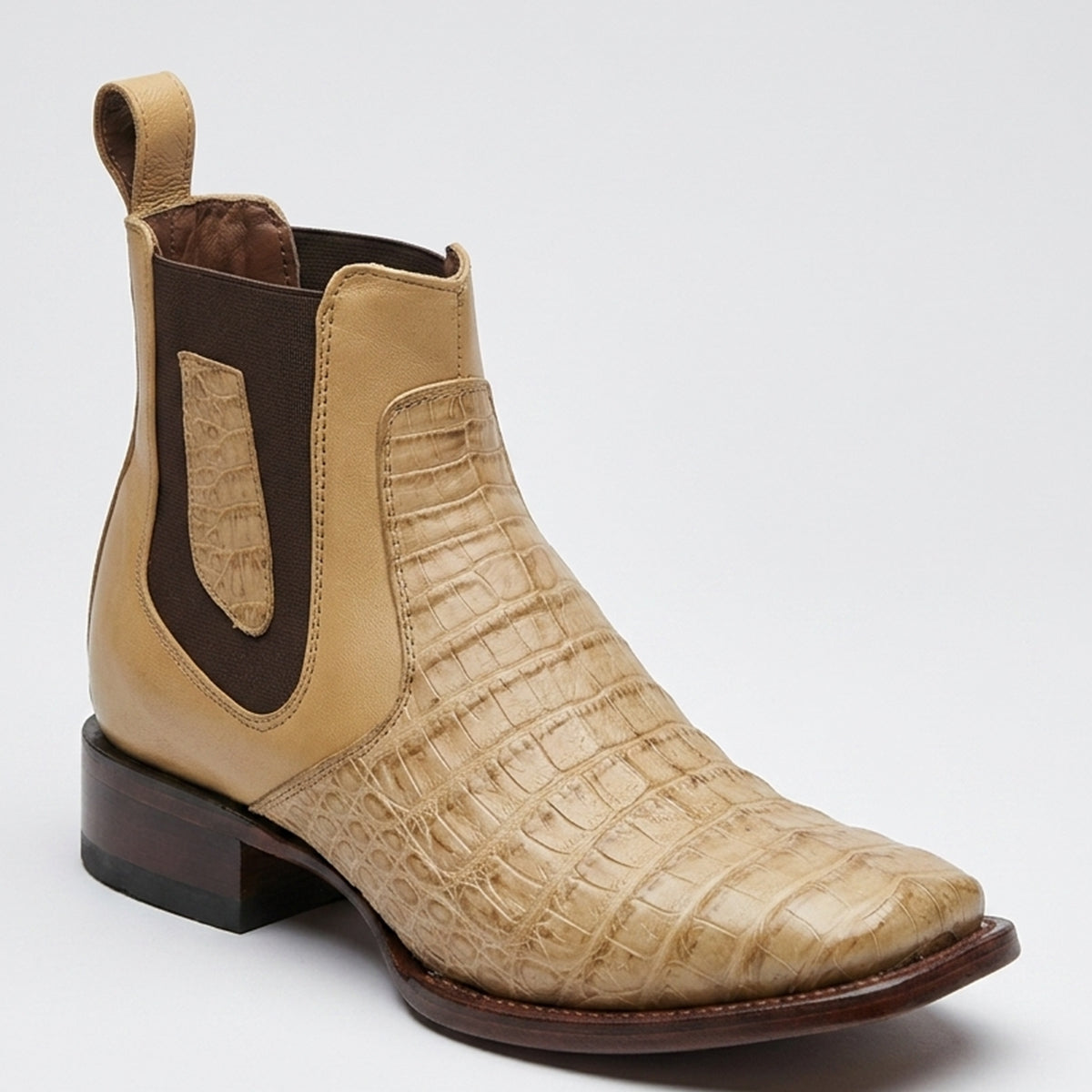 Los Altos men's honey tan genuine caiman belly leather Chelsea ankle boots featuring a tiled tile scale pattern, brown elastic side goring, and a square toe.