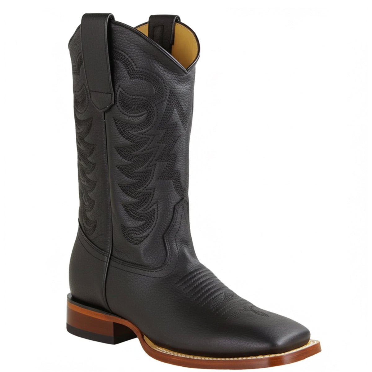 black square toe dress boots Mens Black Western Cowboy Boots Square Toe Leather Botas Vaquero Rancho