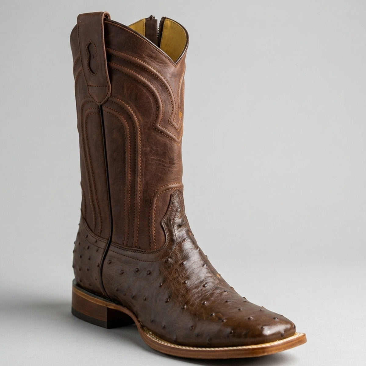 Los Altos men's brown full quill ostrich leather square toe cowboy boot with a zipper.