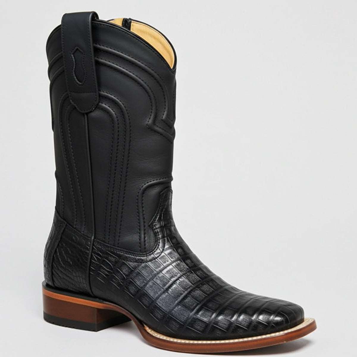 Black Caiman Square Toe Boot With Zipper