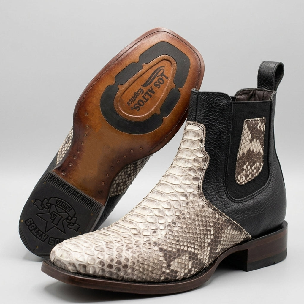 Los Altos men'n python snakeskin square toe Chelsea western boots with a square toe and view of leather outsole with TPU insert.