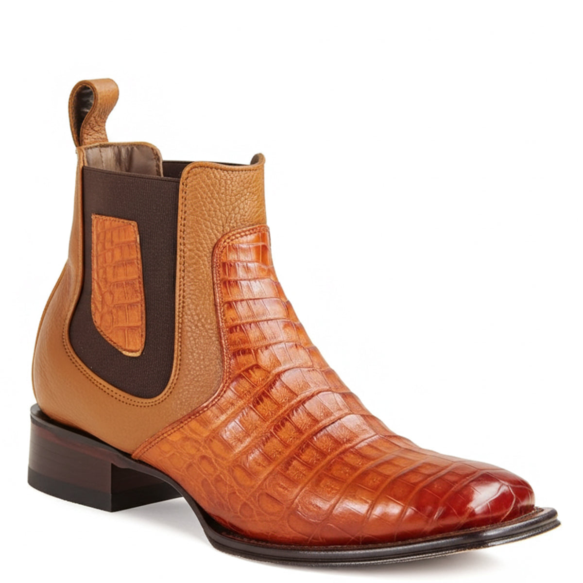 Los Altos Cognac Caiman Short Square Toe Western Boot