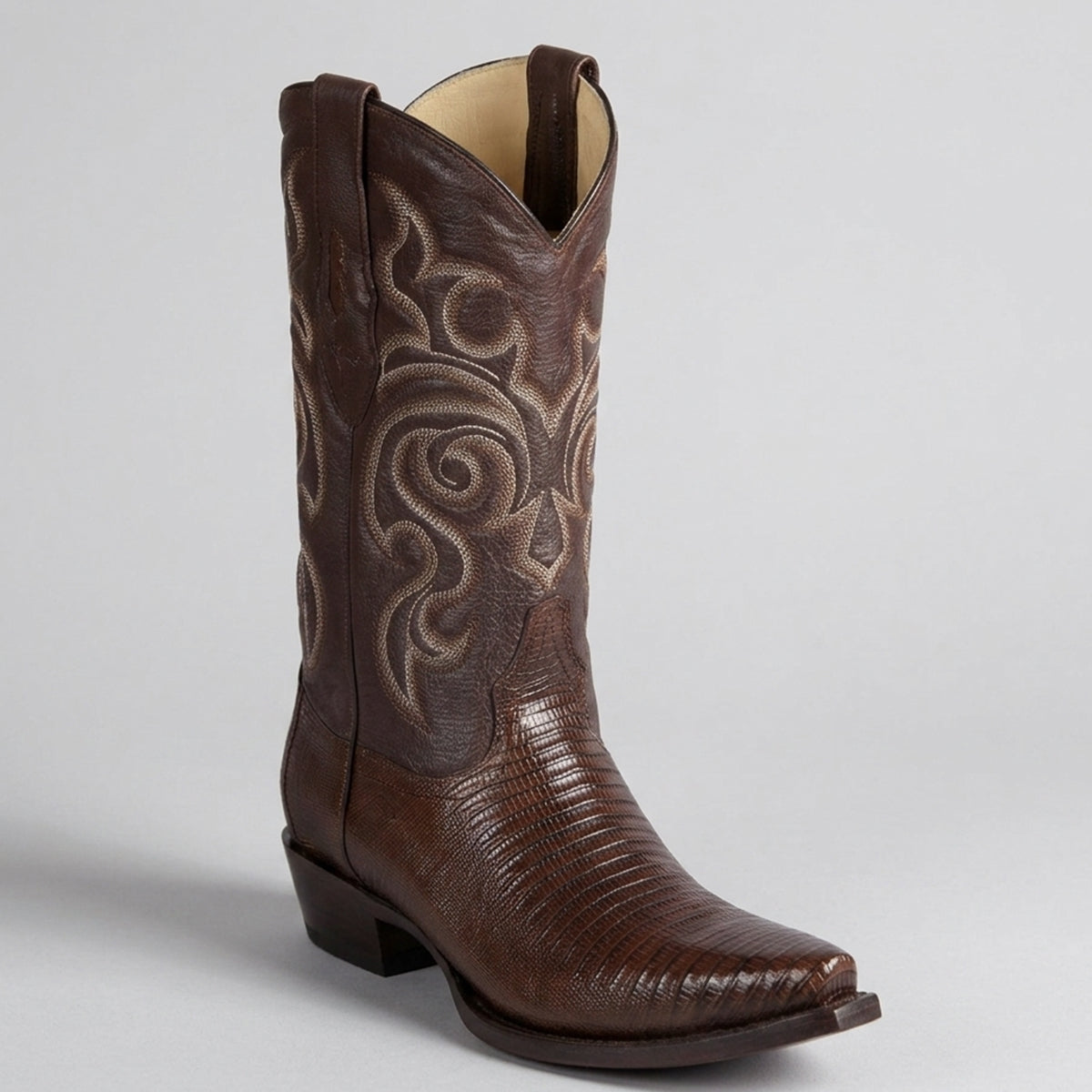 Los Altos men's brown lizard skin western belt snip toe profile.