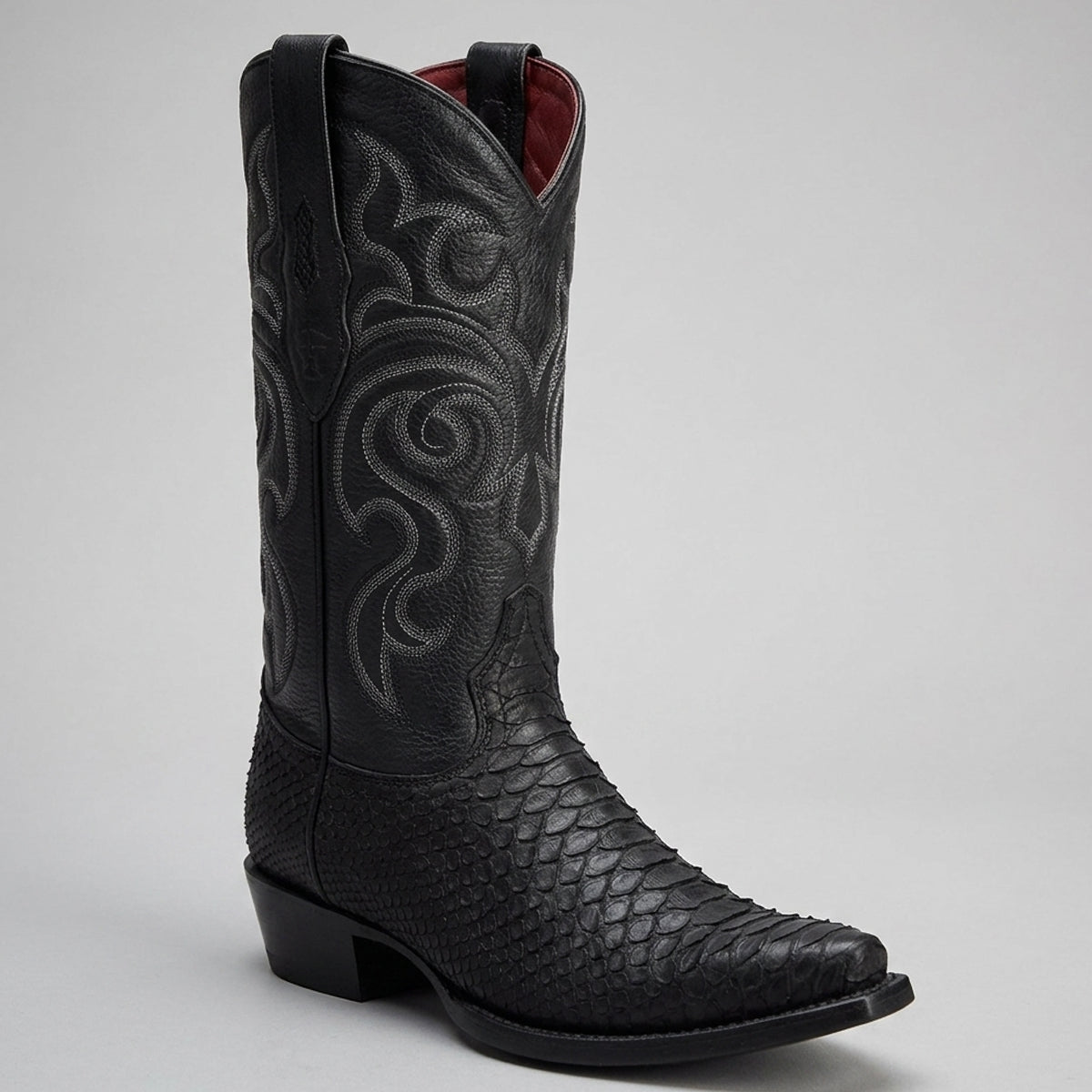 Los Altos men's western cowboy boots featuring a black suede python leather foot, a black leather shaft with grey scroll embroidery, and a snip toe.
