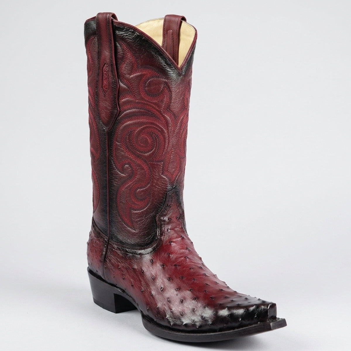 Los Altos men's full quill ostrich leather western boot in dark red and black shown against a light gray background.