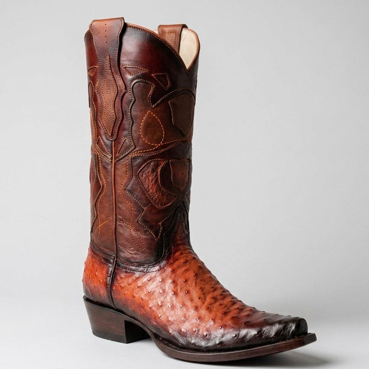 Los Altos men's shaded brown cognac full quill ostrich leather snip toe cowboy boot with decorative stitching on the shaft.