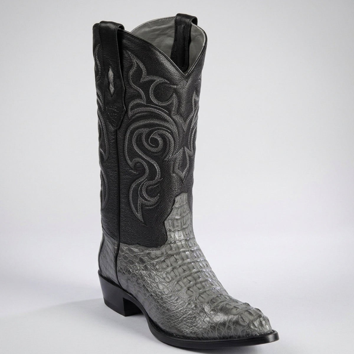 Los Altos men's grey hornback caiman leather western boot j-toe profile.