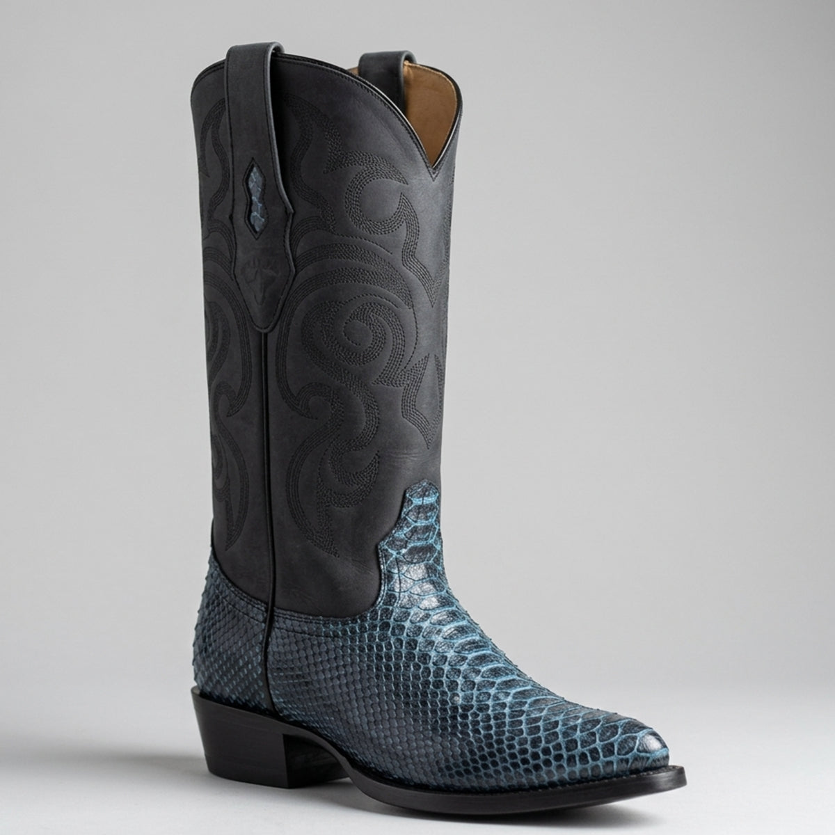 Los Altos men's western cowboy boots with a rustic blue and black python snakeskin vamp, a pointed J-toe, and a tall matte black embroidered shaft.