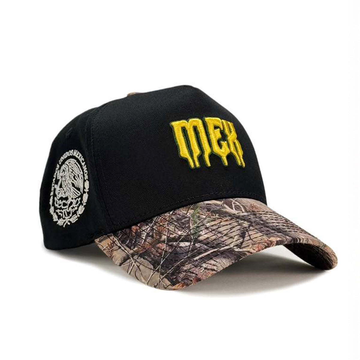 Mexico black cap with yellow MEX text and camouflage brim on a white background.
