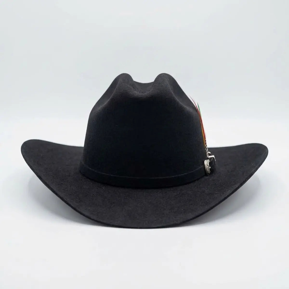 Front view of the Abolengo 1000X black rabbit fur felt cowboy hat displayed in-store showcasing the Sinaloa brim shape, silver buckle set, and colorful feather accent.