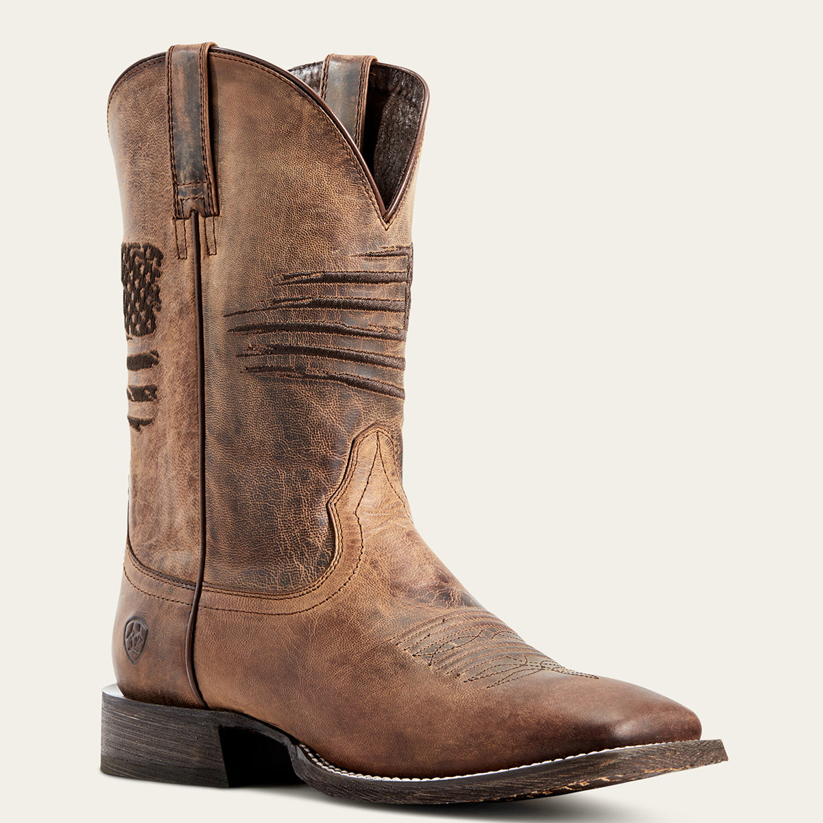 Ariat Men’s Circuit Patriot Western Boot in antiqued distressed brown leather featuring an embroidered American flag shaft and a wide square toe profile.