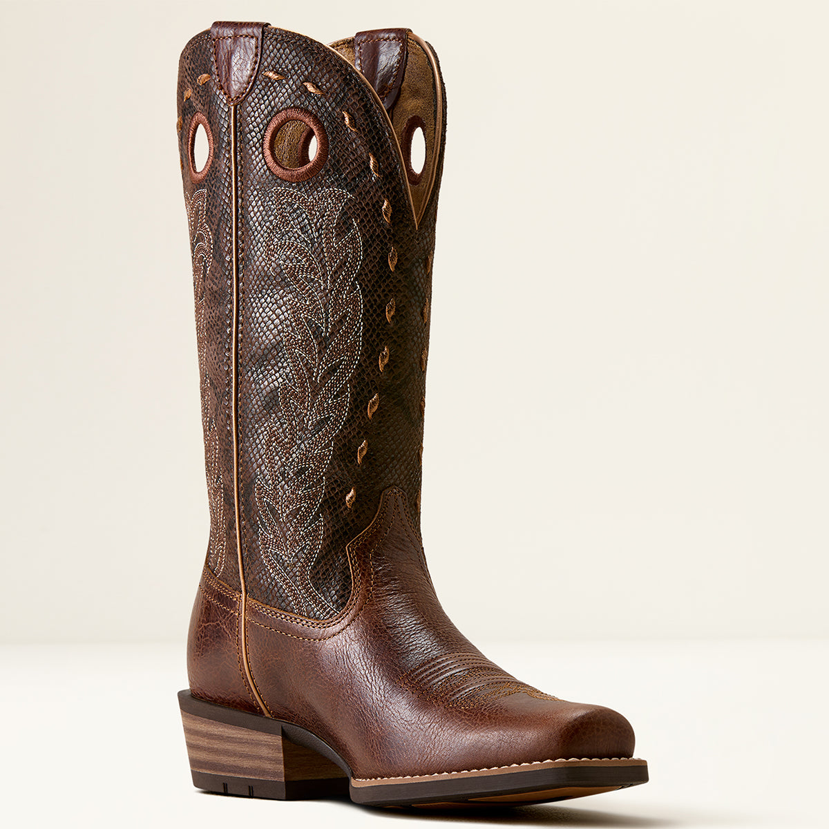 Ariat Women’s Lucera Performance Western Boot in brown full-grain leather featuring a textured upper shaft with pull holes, whip-stitched topline, and a square toe.