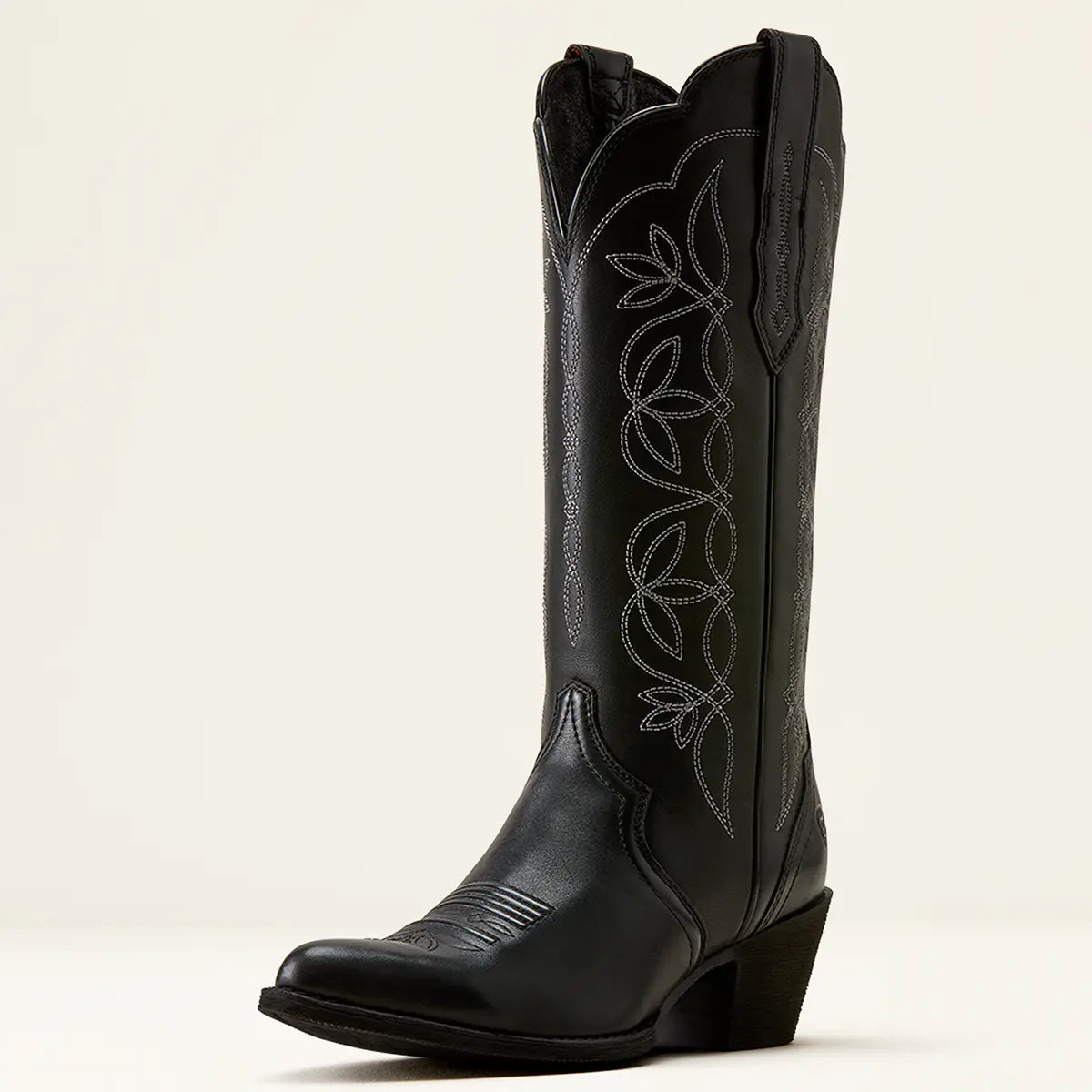 Three-quarter studio profile view of the Ariat Women's Heritage Blossom boot in Supple Black leather.