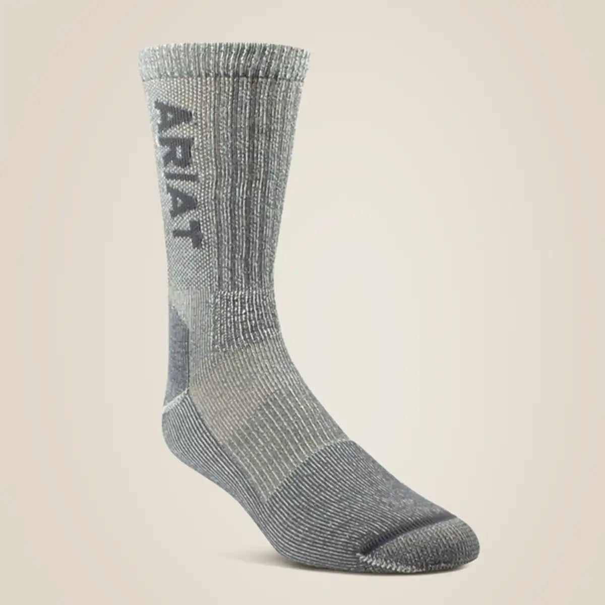 Ariat men's grey lightweight Merino wool steel toe work sock showcasing dark grey reinforced toe and heel caps with vertical dark grey Ariat lettering along the upper shaft.