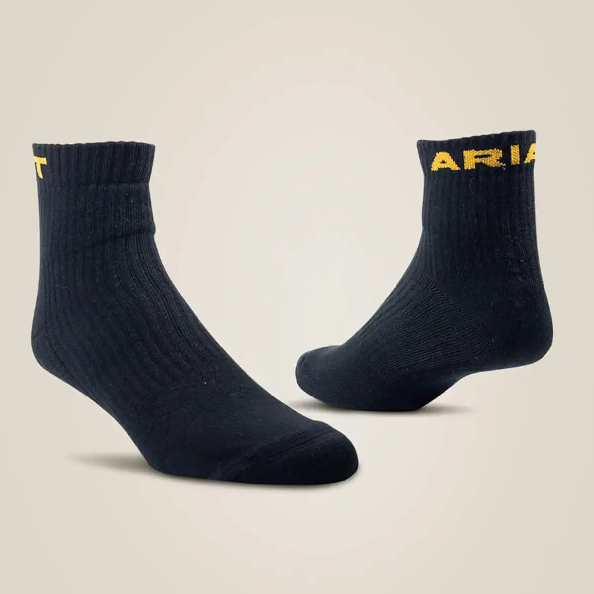 Pair of Ariat men's black premium ringspun cotton quarter crew work socks featuring gold Ariat block lettering along the top ankle ribbing.