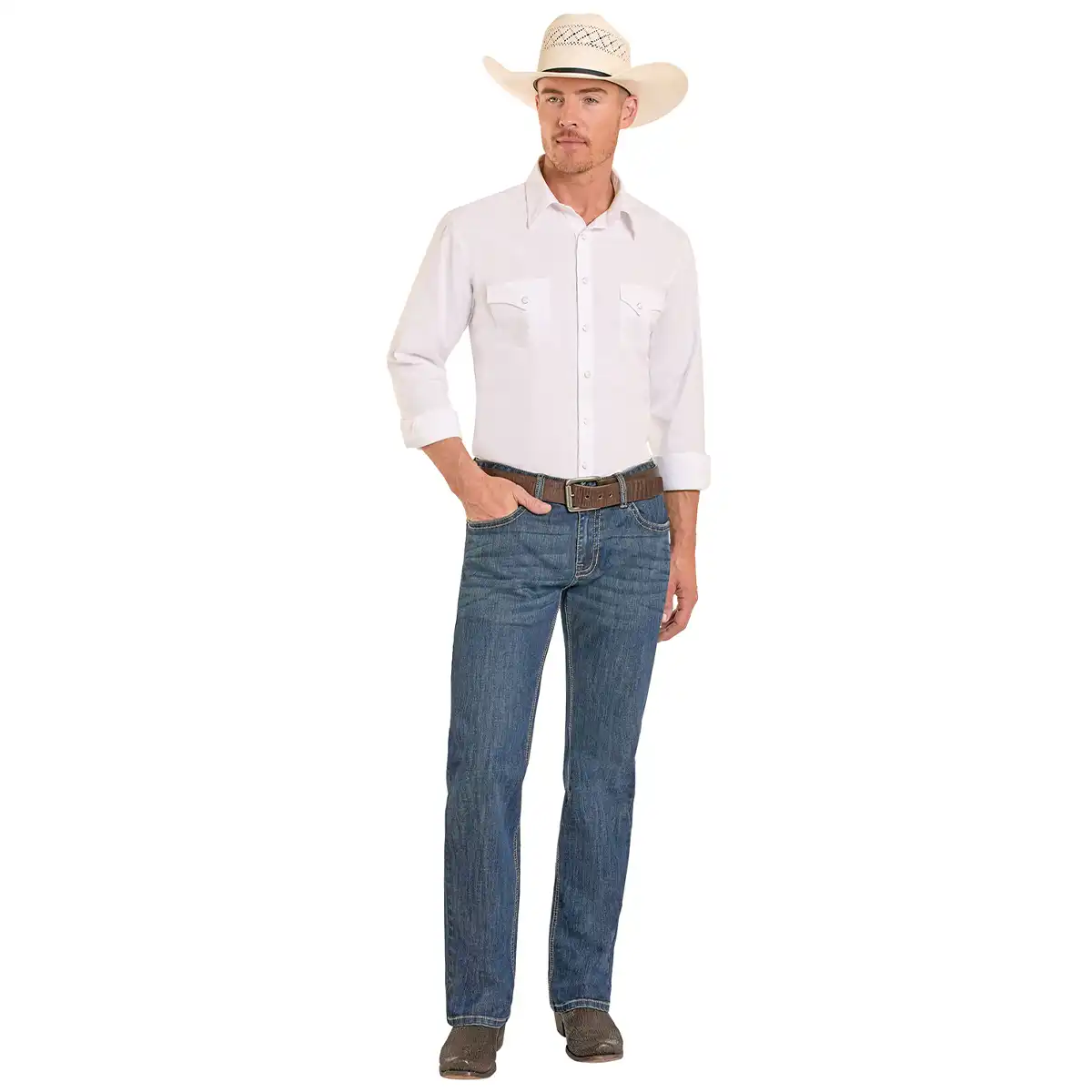 Full front view of a man wearing Rock & Roll Denim Pistol medium vintage wash straight jeans with a cowboy hat and boots.