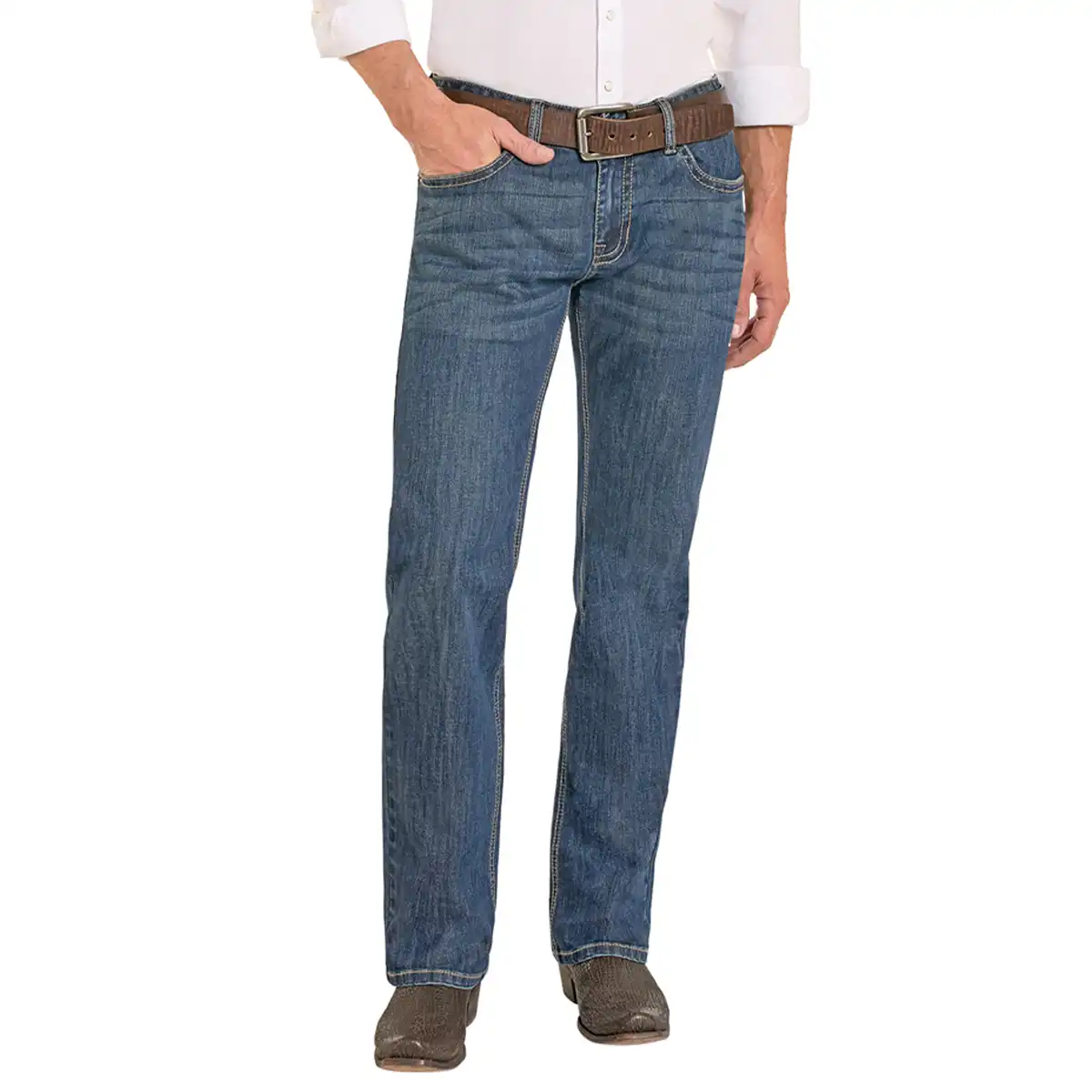Full front view of a man wearing Rock & Roll Denim Pistol medium vintage wash straight jeans with cowboy boots.