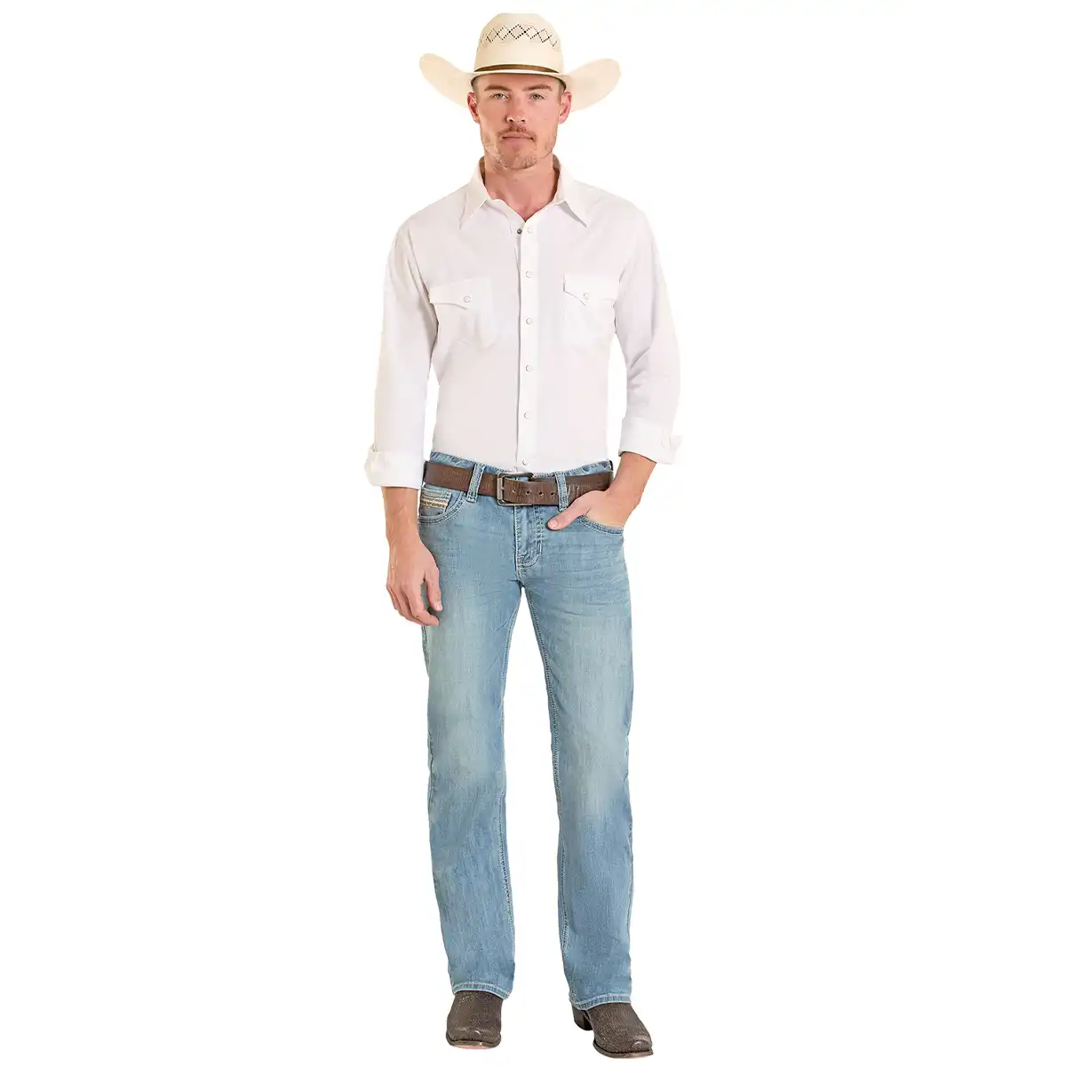Front view of a man wearing Rock & Roll Denim Pistol medium wash straight leg jeans with cowboy boots and hat.