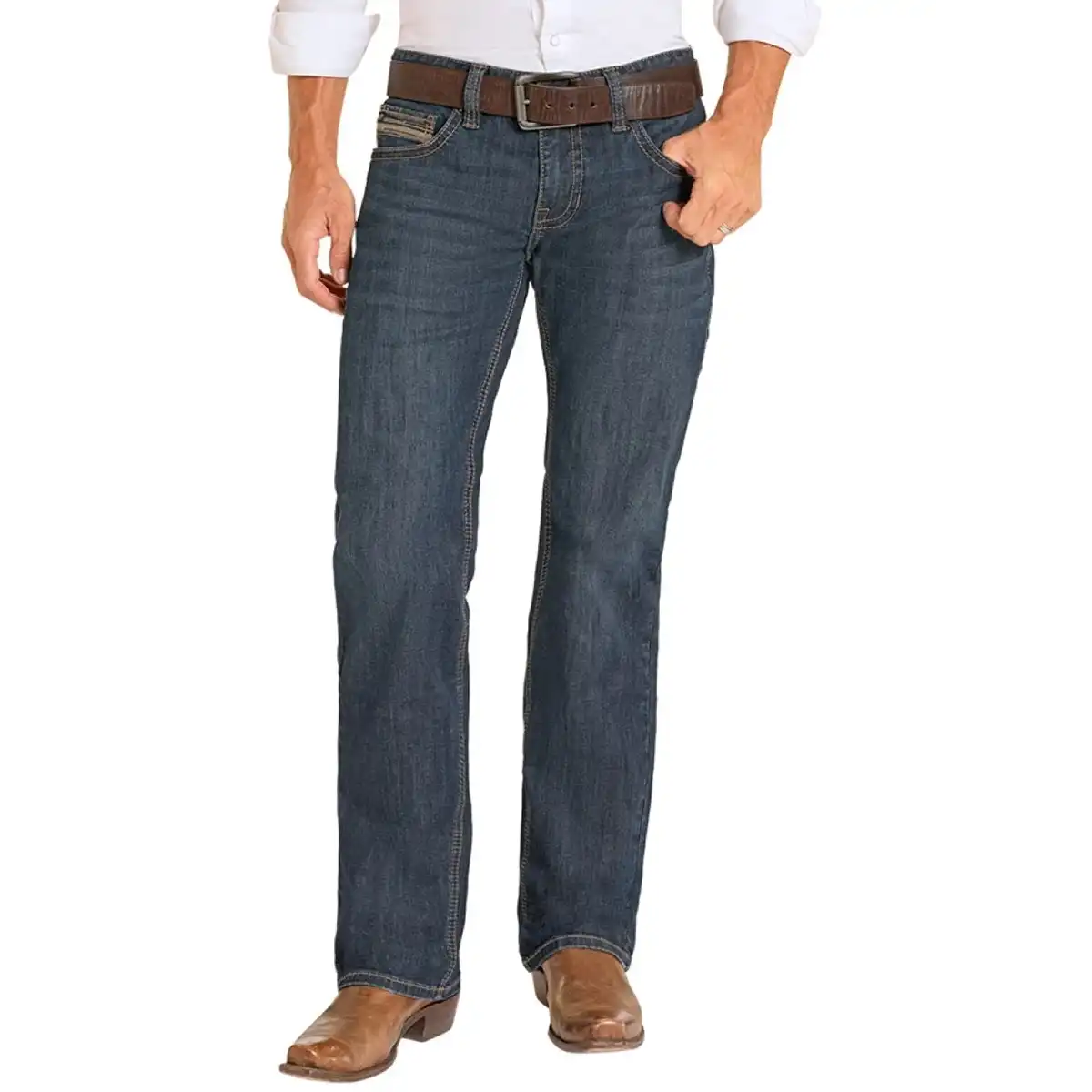 A person wearing dark blue straight-leg denim jeans with a brown leather belt, paired with a white shirt and brown cowboy boots, shown against a plain white background.
