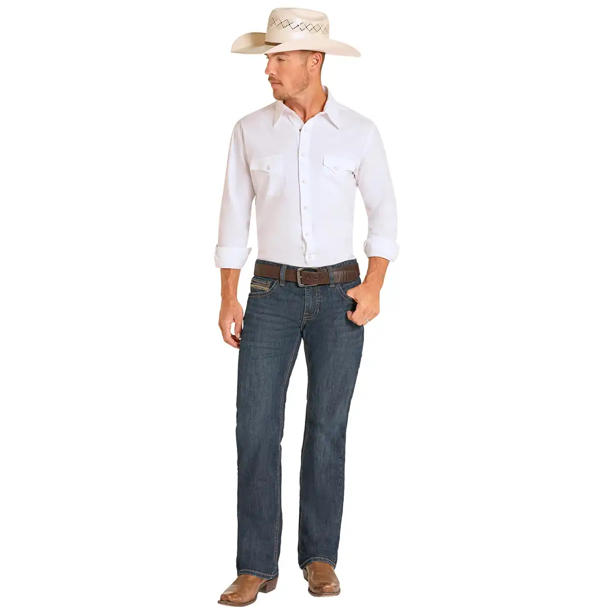 Full-body front view of a man wearing Rock & Roll Denim Pistol dark wash regular fit straight jeans with cowboy boots.