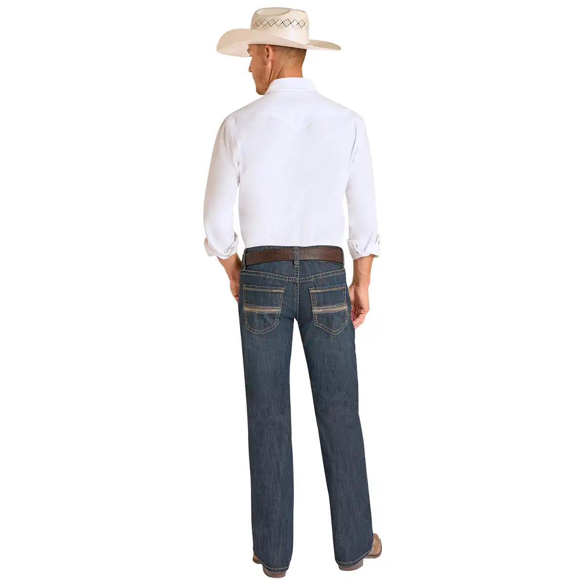 Full-body back views of a man wearing Rock & Roll Denim Pistol dark wash regular fit straight jeans with cowboy boots.