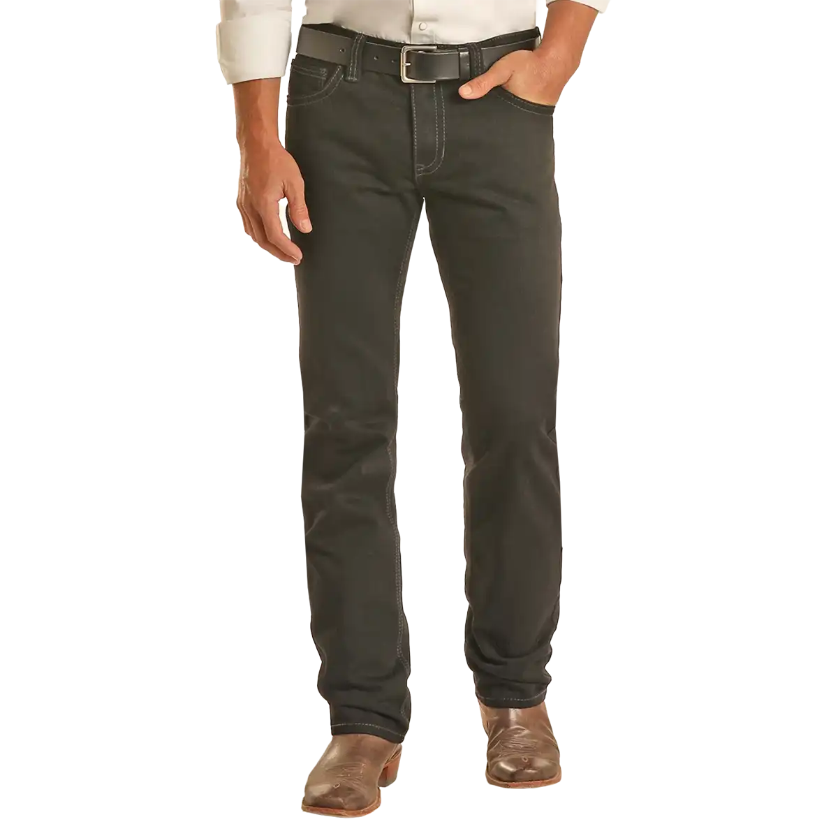 Studio front view of a man wearing Rock & Roll Denim Revolver black slim straight jeans with Western belt and boots.