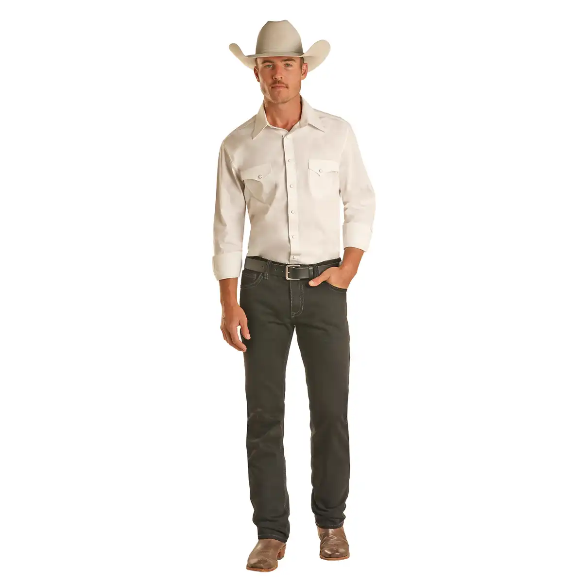 Full-length front view of a man wearing Rock & Roll Denim Revolver black slim straight jeans paired with a white button-down Western shirt, black belt, cowboy boots, and hat.