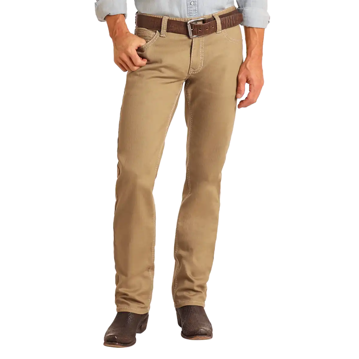 Front view of a man wearing Rock & Roll Denim Revolver Khaki slim straight jeans with Western boots and belt.