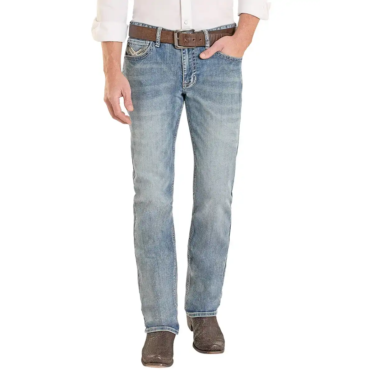 Front view of a man wearing Rock & Roll Denim Revolver light wash slim straight jeans with step stitch pocket detail and cowboy boots.