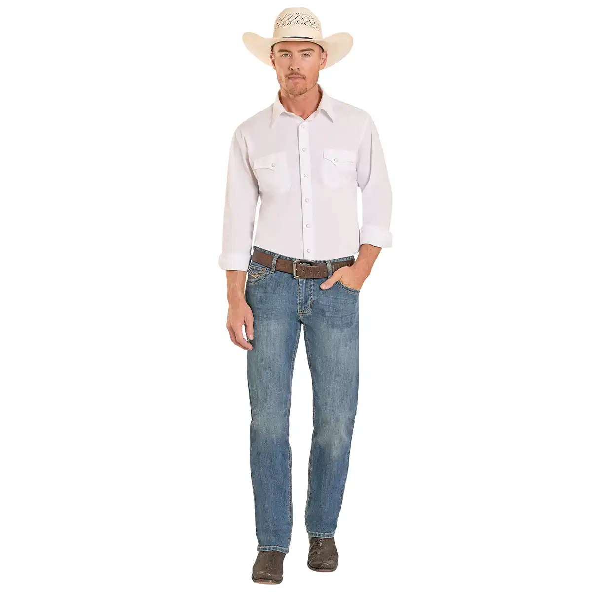 Front view of a man wearing Rock & Roll Denim ReFlex Revolver medium vintage wash straight jeans with crossed revolver embroidery.