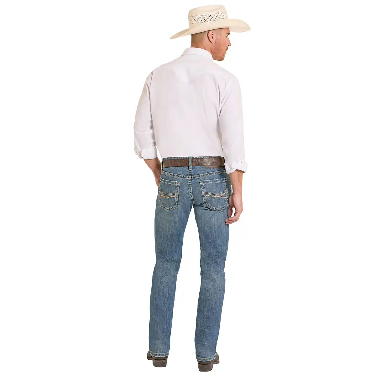 Back view of a man wearing Rock & Roll Denim ReFlex Revolver medium vintage wash straight jeans with crossed revolver embroidery.