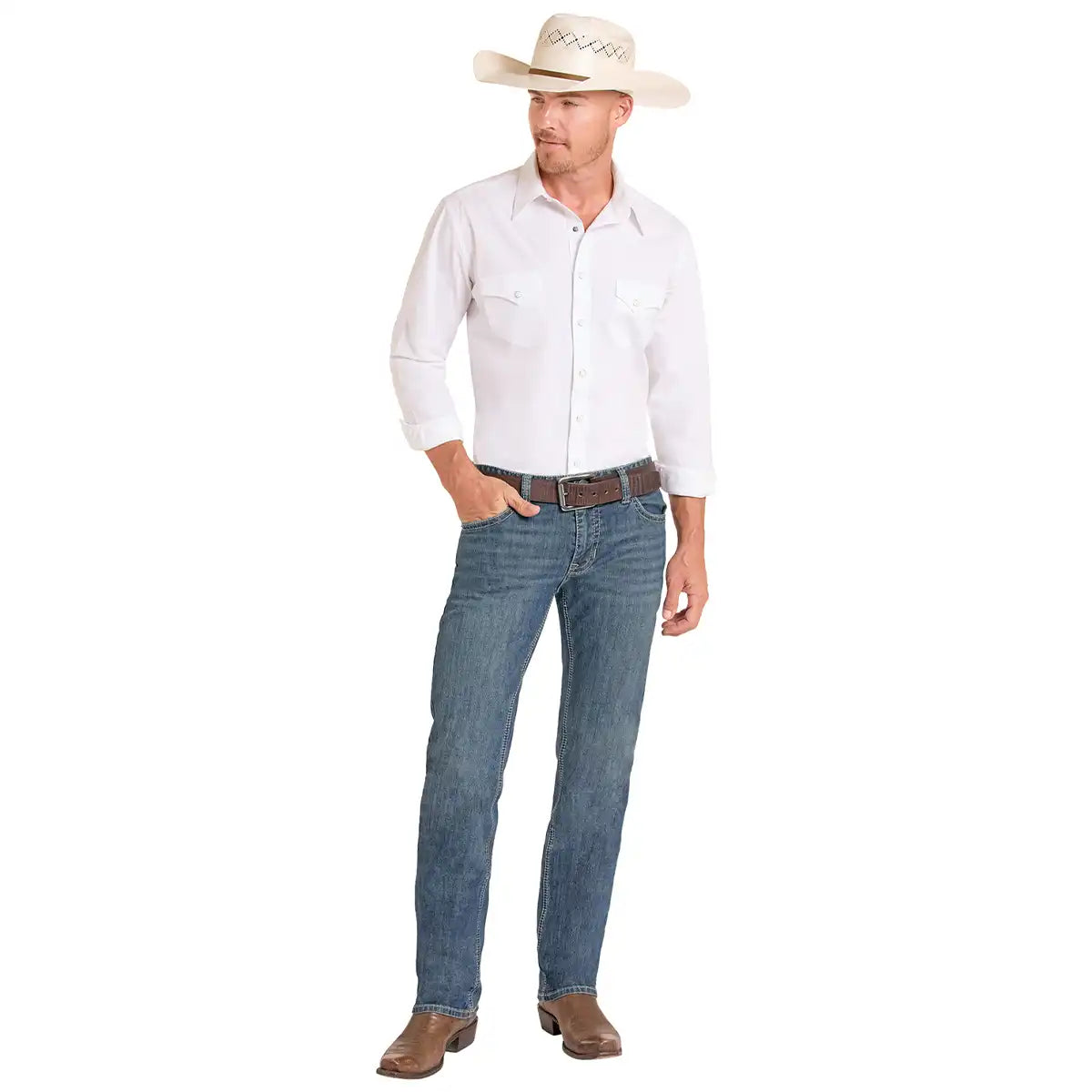 Front view of a man wearing Rock & Roll Denim Revolver medium wash slim straight jeans with raised pleather stitch pocket details.