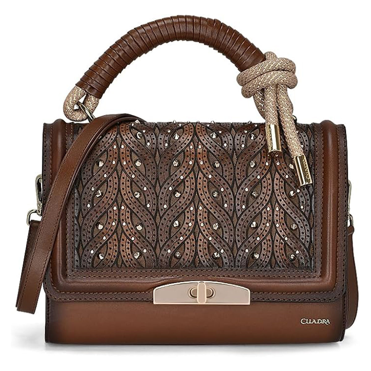 Brown Crystal Woven Cuadra Handbag