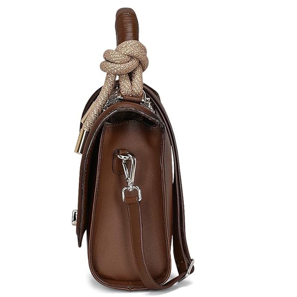 Side view of Brown Crystal Woven Cuadra Handbag