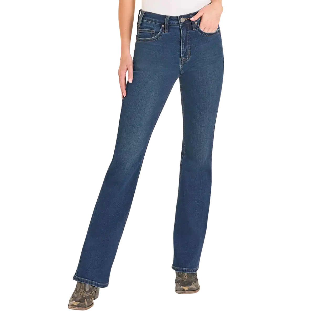 Front views of a woman wearing Rock & Roll Denim High Rise Dark Wash Bootcut Jeans with Western cowboy boots.