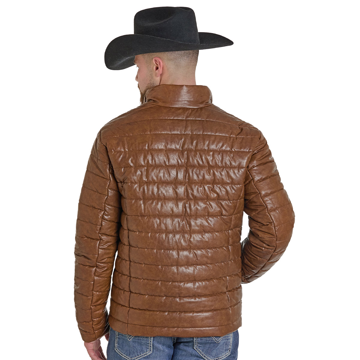 Back view of Distressed Faux Leather Puffer Jacket