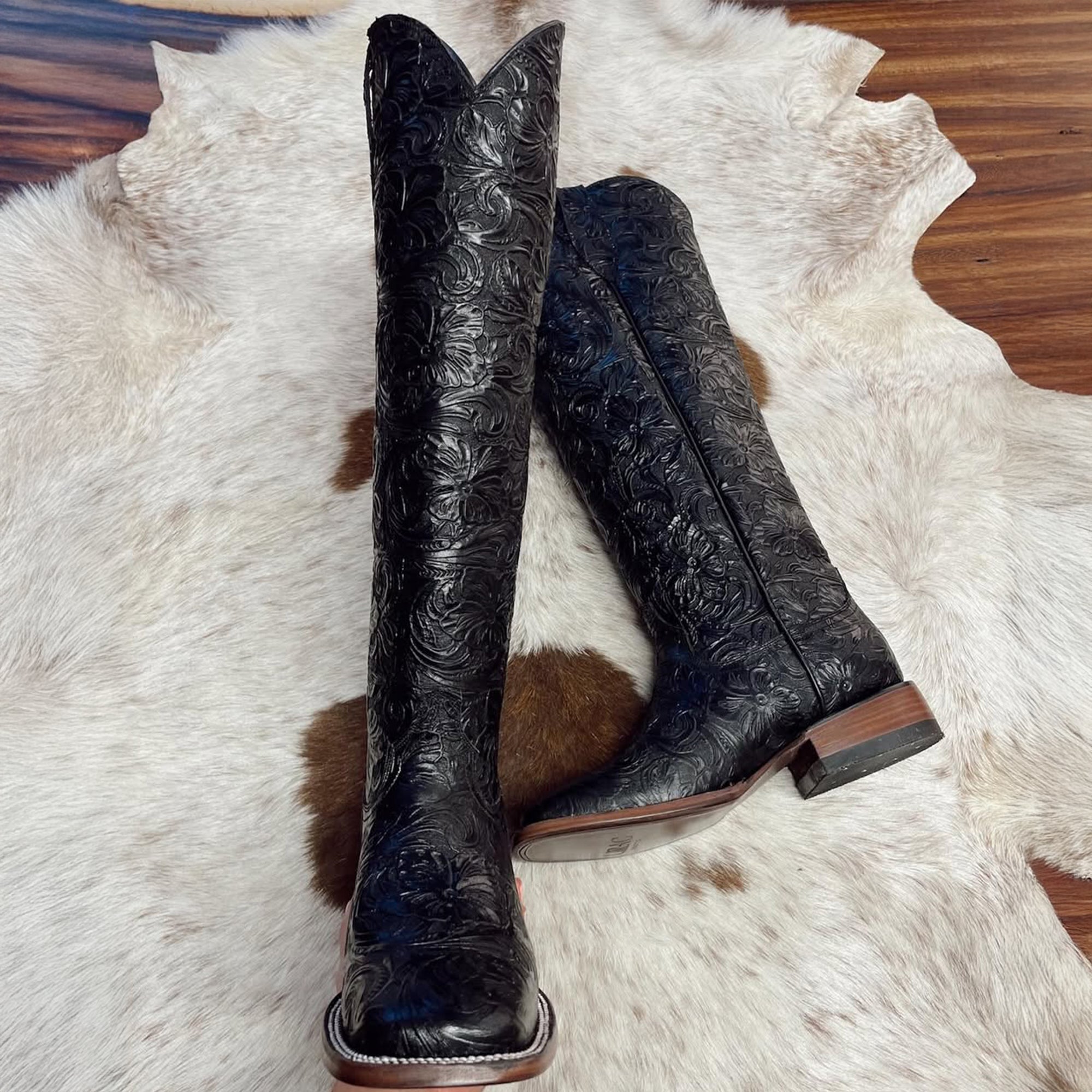 Black Tall Tooled Square Toe Cowgirl Boots