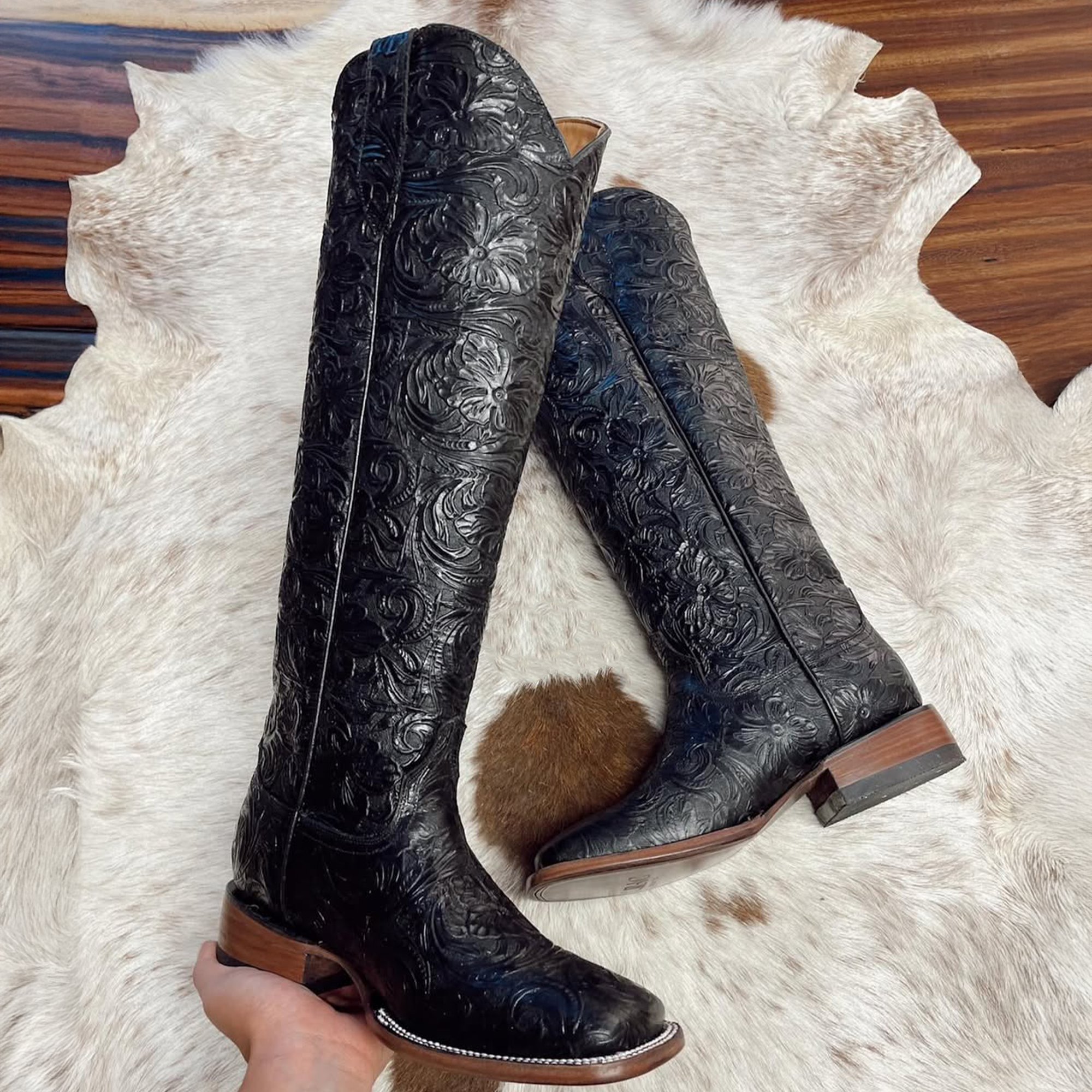 Black Tall Tooled Cowgirl Boots Lirac Boots
