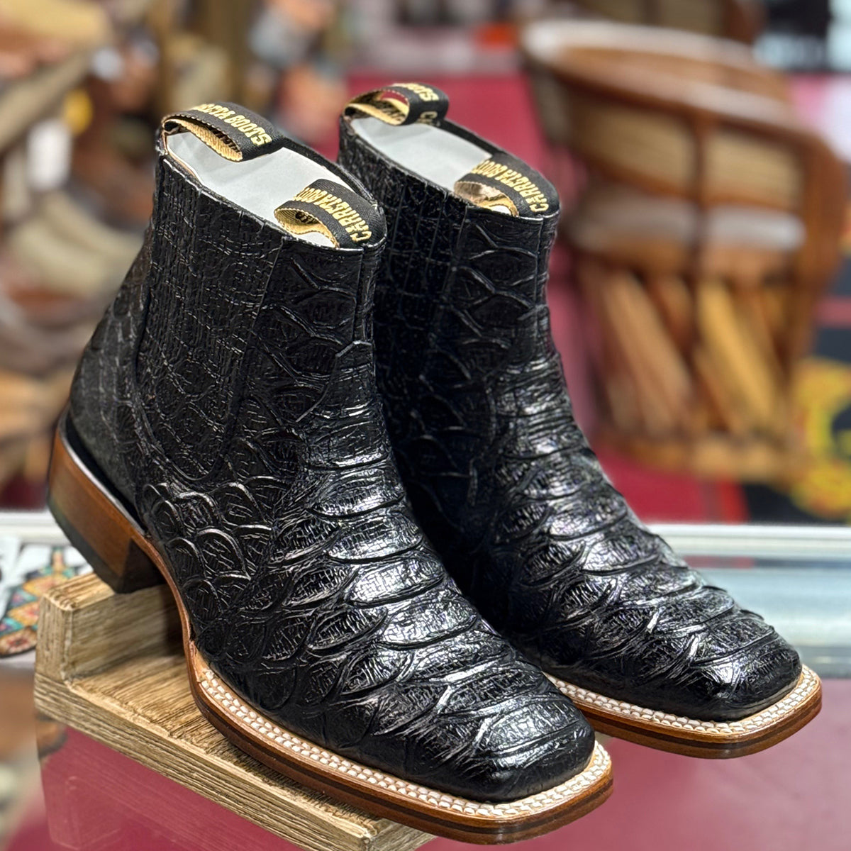 Black Snakeskin Print Chelsea square toe boots