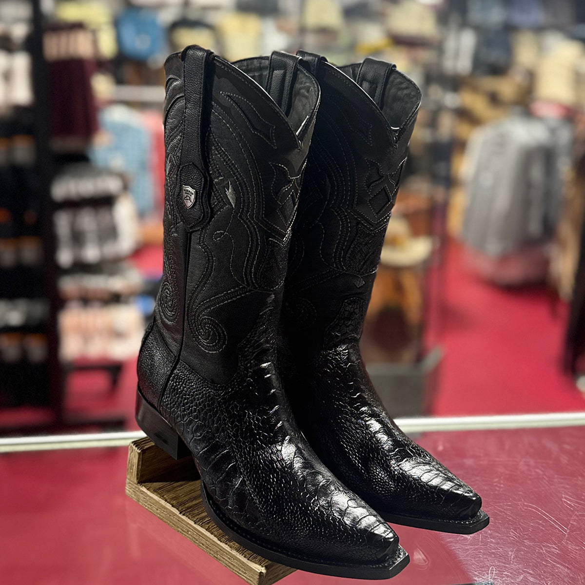 Black ostrich leg cowboy boots
