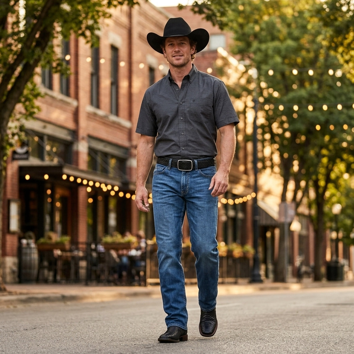 Modern urban western men's fashion style featuring a black felt cowboy hat, a casual short-sleeve button-up shirt, blue jeans, and exotic black python leather boots in an outdoor street setting.