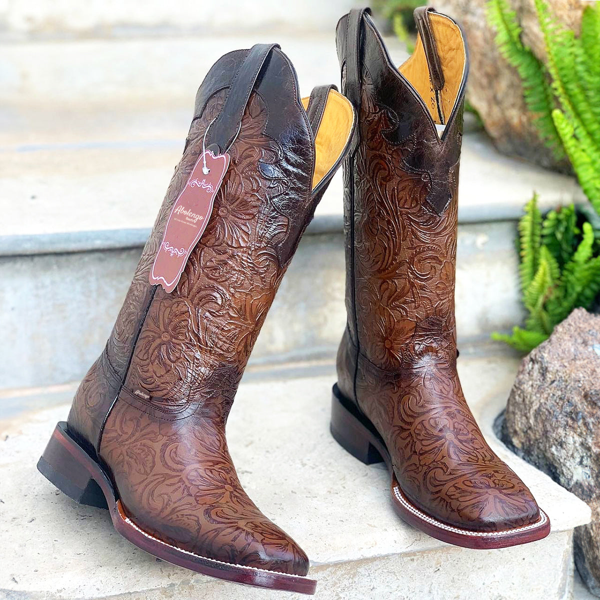 Abolengo Women's Western Boots Hand-Tooled Print Square Toe 6 / B / Cognac Abolengo Women's Western Boots Hand-Tooled Print Square Toe 6 / B / Cognac