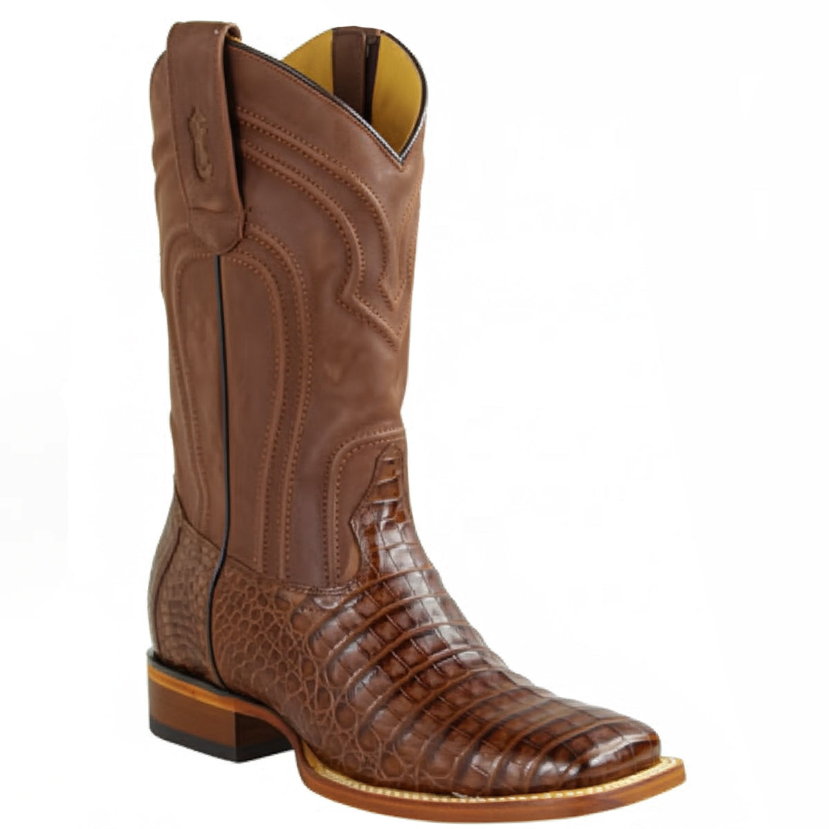 Brown Caiman Square Toe Boot With Zipper