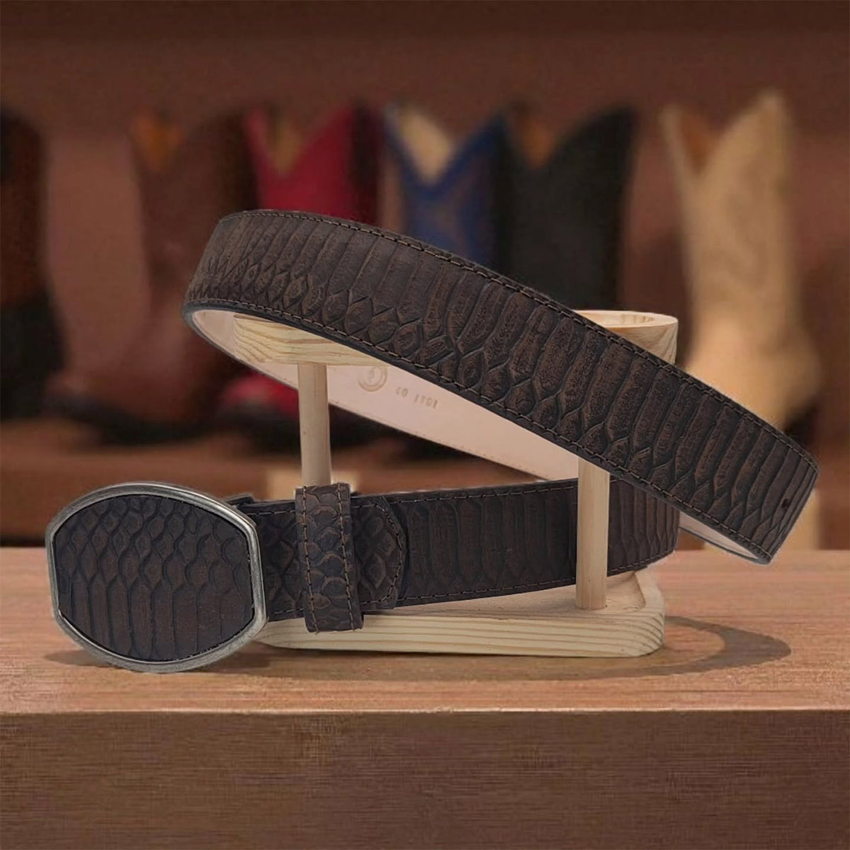 Hooch brown printed snakeskin belt.