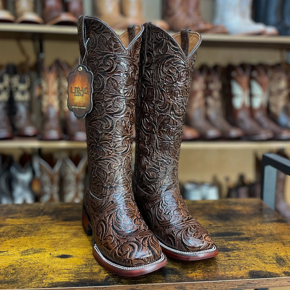 Brown Tooled Cowgirl Boots | Lirac Boots Square Toe