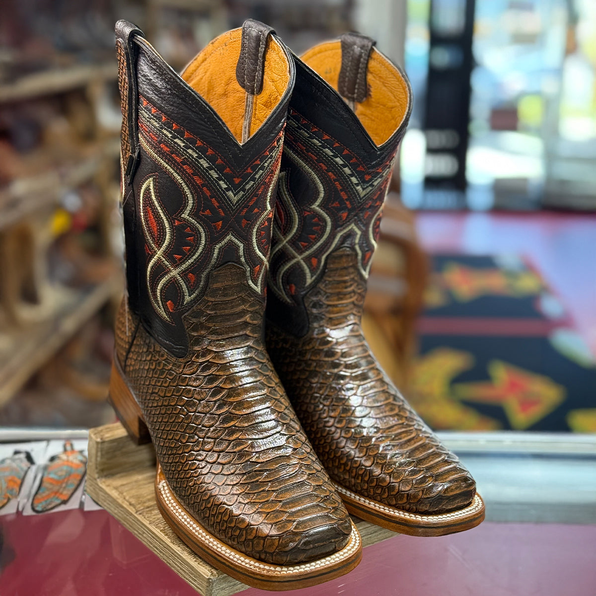 Brown Snake Print Boots Square Toe