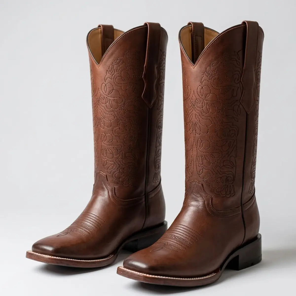 Pair studio view of the Danna burgundy square toe cowgirl boots showcasing the full front profile and matching tone-on-tone shaft embroidery.