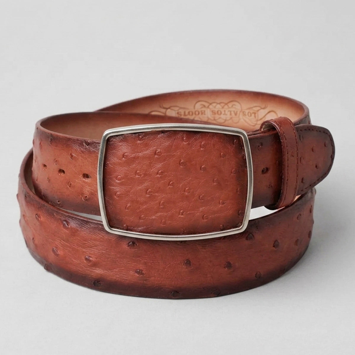 Los Altos men's burnished cognac brown genuine full quill ostrich leather western belt with a matching leather-inlay rectangular buckle.