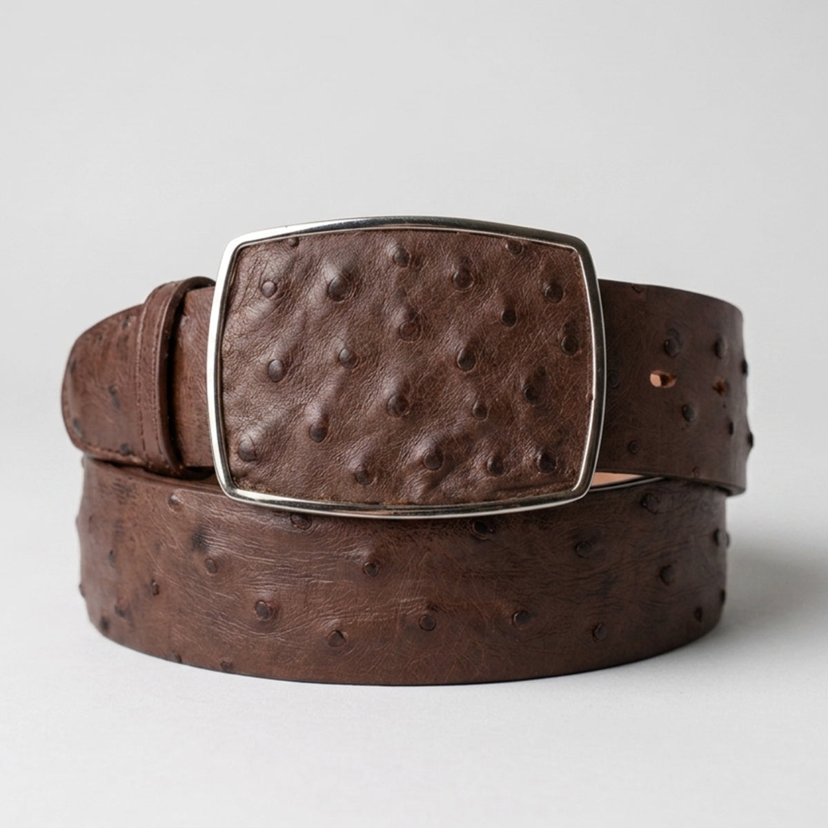 Los Altos men's tobacco brown full quill ostrich leather belt with a silver-tone metal buckle, coiled on a light gray background.